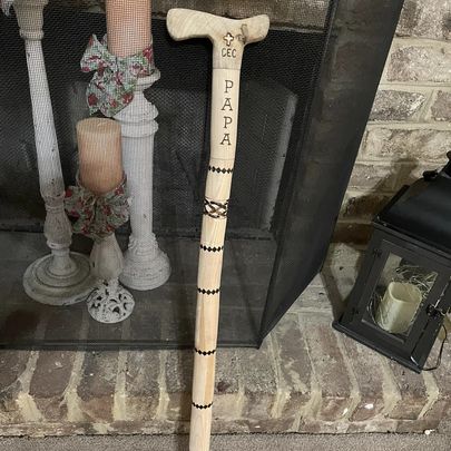 hand turned cane. Handle cut and shaped out of tree stump